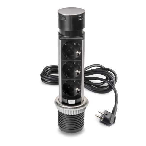 Emuca Multiconnettore estraibile Vertikal Push 60, diametro 60 mm, 3 prese Schuko, 1 USB tipo A, 1 USB tipo C