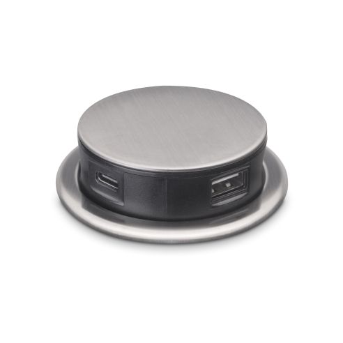 Emuca Multiconnettore estraibile Vertikal Push 60, diametro 60 mm, 3 prese Schuko, 1 USB tipo A, 1 USB tipo C