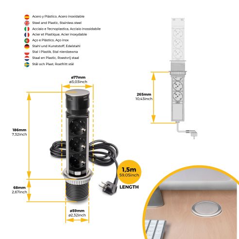 Emuca Multiconnettore estraibile Vertikal Push 60, diametro 60 mm, 3 prese Schuko, 1 USB tipo A, 1 USB tipo C