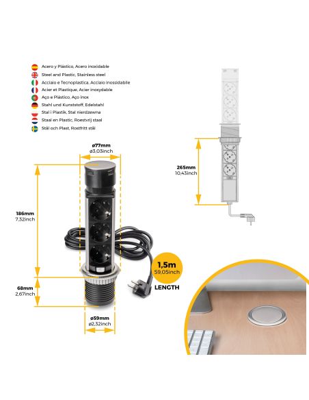 Emuca Multiconnettore estraibile Vertikal Push 60, diametro 60 mm, 3 prese Schuko, 1 USB tipo A, 1 USB tipo C