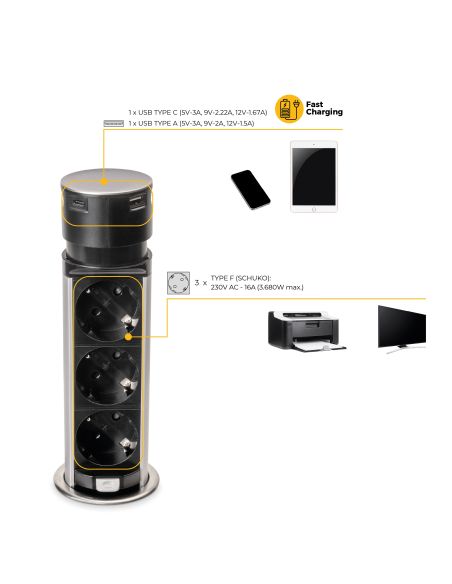 Emuca Multiconnettore estraibile Vertikal Push 60, diametro 60 mm, 3 prese Schuko, 1 USB tipo A, 1 USB tipo C