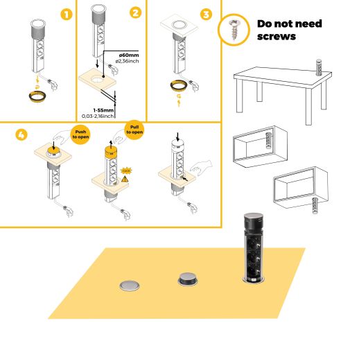 Emuca Multiconnettore estraibile Vertikal Push 60, diametro 60 mm, 3 prese Schuko, 1 USB tipo A, 1 USB tipo C