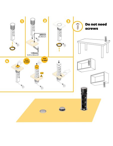 Emuca Multiconnettore estraibile Vertikal Push 60, diametro 60 mm, 3 prese Schuko, 1 USB tipo A, 1 USB tipo C