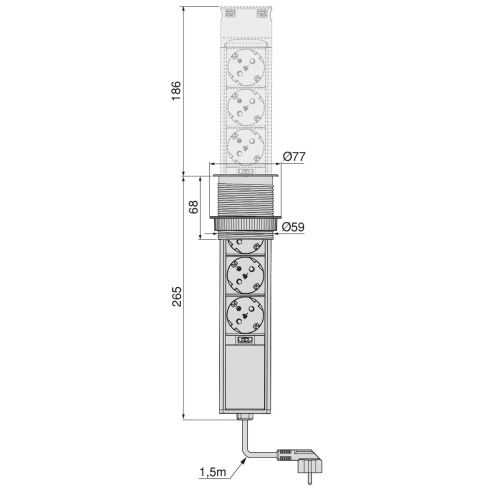 Emuca Multiconnettore estraibile Vertikal Push 60, diametro 60 mm, 3 prese Schuko, 1 USB tipo A, 1 USB tipo C