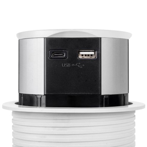 Emuca Multiconnettore Vertikal Push diametro 100mm, 3 spine di tipo Schuko, 1 USB tipo A, 1 USB tipo C, Acciaio e Tecnoplastica