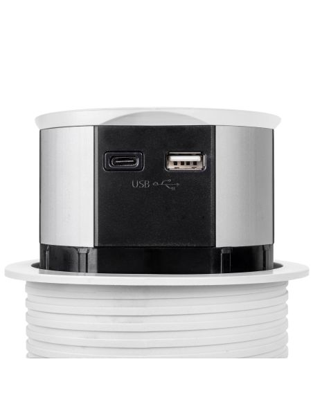 Emuca Multiconnettore Vertikal Push diametro 100mm, 3 spine di tipo Schuko, 1 USB tipo A, 1 USB tipo C, Acciaio e Tecnoplastica