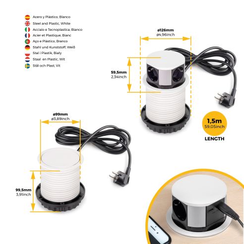 Emuca Multiconnettore Vertikal Push diametro 100mm, 3 spine di tipo Schuko, 1 USB tipo A, 1 USB tipo C, Acciaio e Tecnoplastica