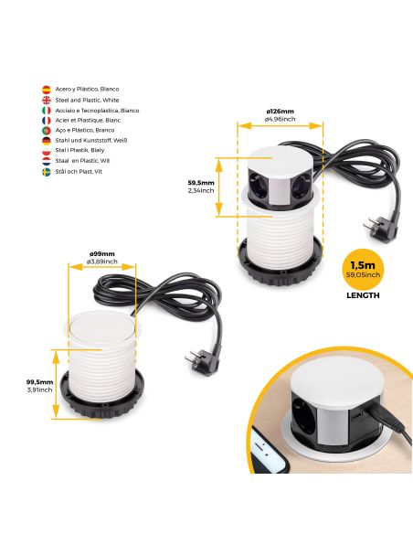 Emuca Multiconnettore Vertikal Push diametro 100mm, 3 spine di tipo Schuko, 1 USB tipo A, 1 USB tipo C, Acciaio e Tecnoplastica