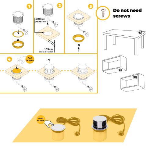 Emuca Multiconnettore Vertikal Push diametro 100mm, 3 spine di tipo Schuko, 1 USB tipo A, 1 USB tipo C, Acciaio e Tecnoplastica