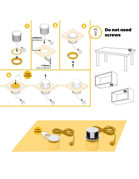 Emuca Multiconnettore Vertikal Push diametro 100mm, 3 spine di tipo Schuko, 1 USB tipo A, 1 USB tipo C, Acciaio e Tecnoplastica