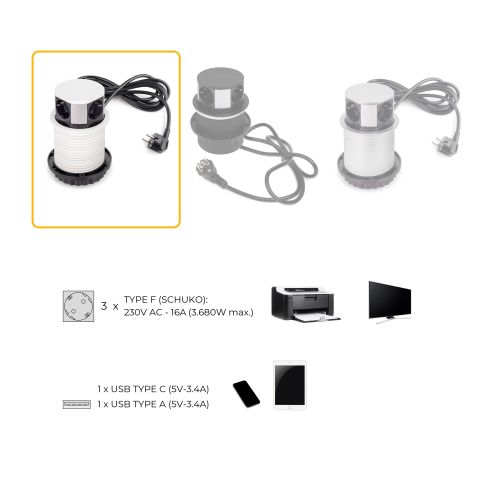 Emuca Multiconnettore Vertikal Push diametro 100mm, 3 spine di tipo Schuko, 1 USB tipo A, 1 USB tipo C, Acciaio e Tecnoplastica