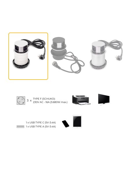 Emuca Multiconnettore Vertikal Push diametro 100mm, 3 spine di tipo Schuko, 1 USB tipo A, 1 USB tipo C, Acciaio e Tecnoplastica