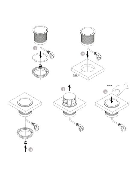 Emuca Multiconnettore Vertikal Push diametro 100mm, 3 spine di tipo Schuko, 1 USB tipo A, 1 USB tipo C, Acciaio e Tecnoplastica