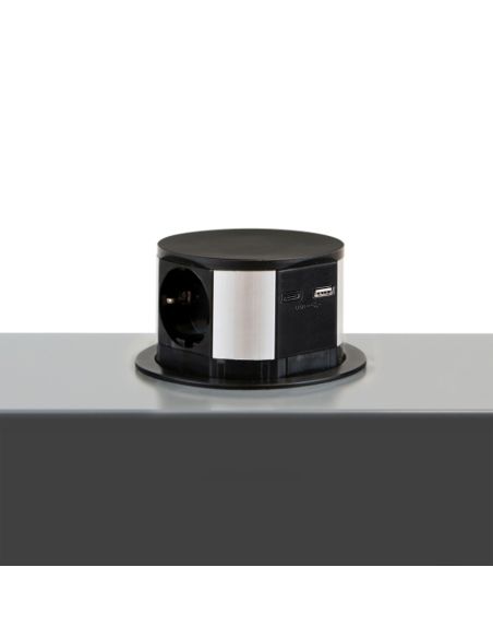 Emuca Multiconnettore Vertikal Push diametro 100mm, 3 spine di tipo Schuko, 1 USB tipo A, 1 USB tipo C, Acciaio e Tecnoplastica