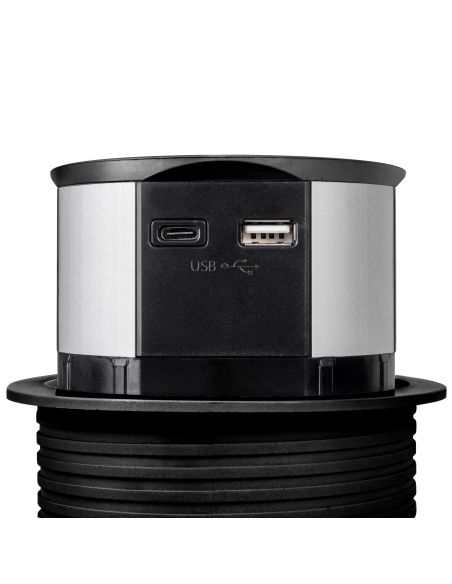 Emuca Multiconnettore Vertikal Push diametro 100mm, 3 spine di tipo Schuko, 1 USB tipo A, 1 USB tipo C, Acciaio e Tecnoplastica