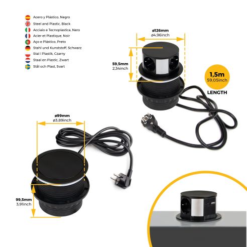 Emuca Multiconnettore Vertikal Push diametro 100mm, 3 spine di tipo Schuko, 1 USB tipo A, 1 USB tipo C, Acciaio e Tecnoplastica