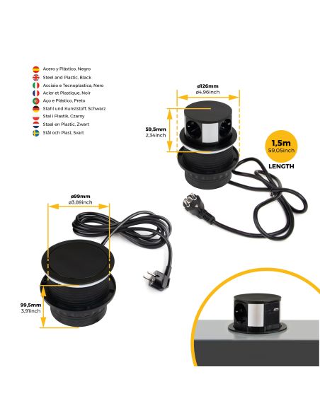 Emuca Multiconnettore Vertikal Push diametro 100mm, 3 spine di tipo Schuko, 1 USB tipo A, 1 USB tipo C, Acciaio e Tecnoplastica
