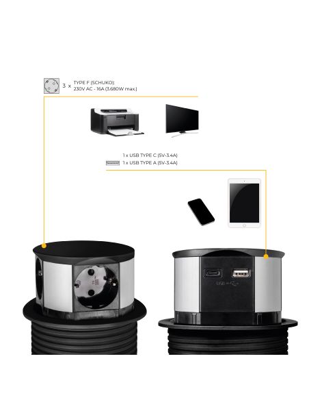 Emuca Multiconnettore Vertikal Push diametro 100mm, 3 spine di tipo Schuko, 1 USB tipo A, 1 USB tipo C, Acciaio e Tecnoplastica