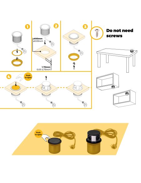 Emuca Multiconnettore Vertikal Push diametro 100mm, 3 spine di tipo Schuko, 1 USB tipo A, 1 USB tipo C, Acciaio e Tecnoplastica