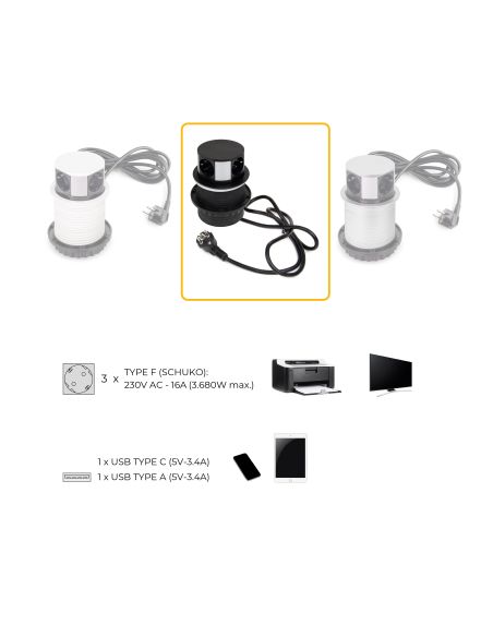 Emuca Multiconnettore Vertikal Push diametro 100mm, 3 spine di tipo Schuko, 1 USB tipo A, 1 USB tipo C, Acciaio e Tecnoplastica