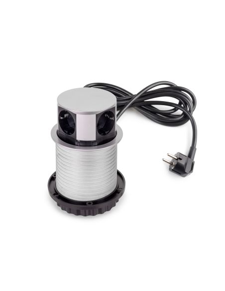 Emuca Multiconnettore Vertikal Push diametro 100mm, 3 spine di tipo Schuko, 1 USB tipo A, 1 USB tipo C, Acciaio e Tecnoplastica