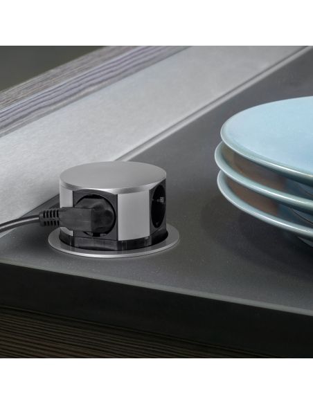 Emuca Multiconnettore Vertikal Push diametro 100mm, 3 spine di tipo Schuko, 1 USB tipo A, 1 USB tipo C, Acciaio e Tecnoplastica