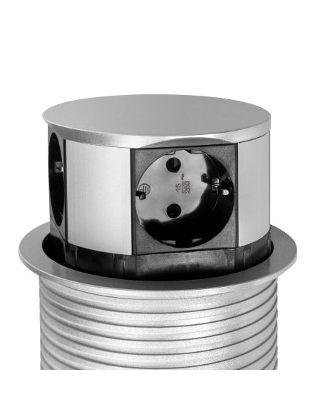 Emuca Multiconnettore Vertikal Push diametro 100mm, 3 spine di tipo Schuko, 1 USB tipo A, 1 USB tipo C, Acciaio e Tecnoplastica