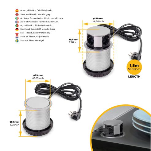 Emuca Multiconnettore Vertikal Push diametro 100mm, 3 spine di tipo Schuko, 1 USB tipo A, 1 USB tipo C, Acciaio e Tecnoplastica
