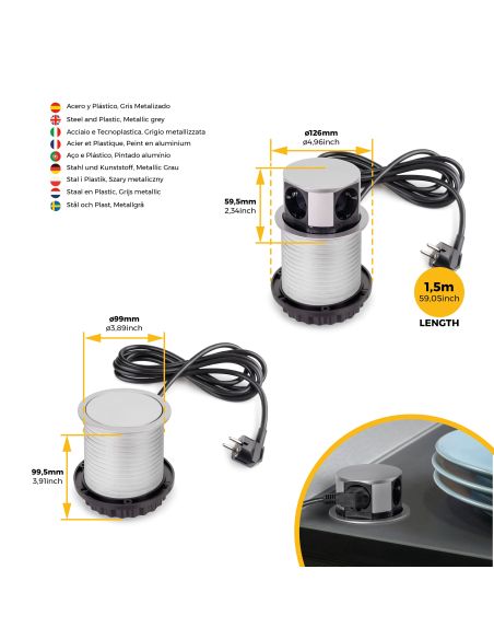 Emuca Multiconnettore Vertikal Push diametro 100mm, 3 spine di tipo Schuko, 1 USB tipo A, 1 USB tipo C, Acciaio e Tecnoplastica
