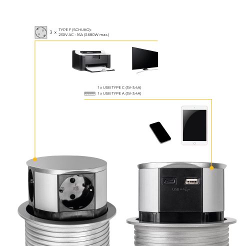 Emuca Multiconnettore Vertikal Push diametro 100mm, 3 spine di tipo Schuko, 1 USB tipo A, 1 USB tipo C, Acciaio e Tecnoplastica
