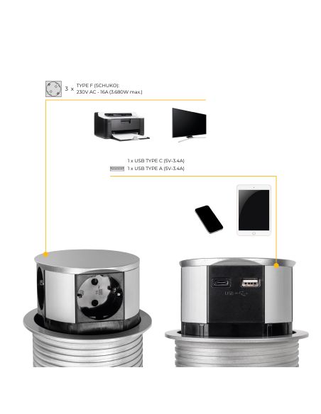 Emuca Multiconnettore Vertikal Push diametro 100mm, 3 spine di tipo Schuko, 1 USB tipo A, 1 USB tipo C, Acciaio e Tecnoplastica