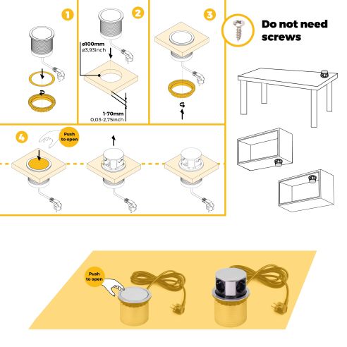 Emuca Multiconnettore Vertikal Push diametro 100mm, 3 spine di tipo Schuko, 1 USB tipo A, 1 USB tipo C, Acciaio e Tecnoplastica