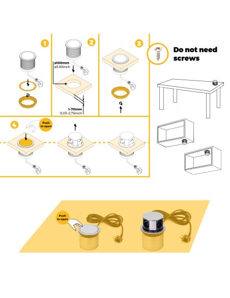 Emuca Multiconnettore Vertikal Push diametro 100mm, 3 spine di tipo Schuko, 1 USB tipo A, 1 USB tipo C, Acciaio e Tecnoplastica