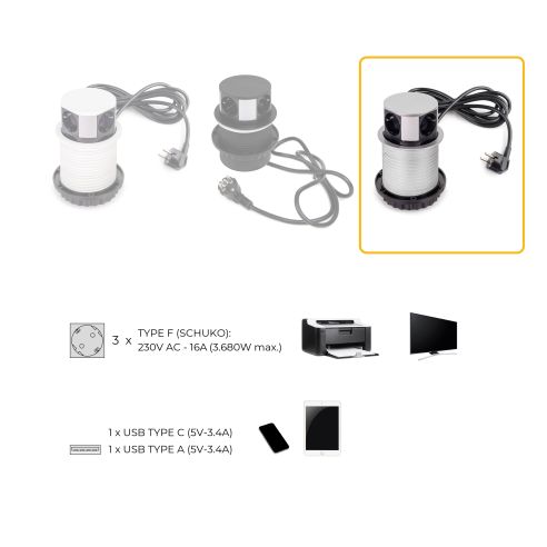 Emuca Multiconnettore Vertikal Push diametro 100mm, 3 spine di tipo Schuko, 1 USB tipo A, 1 USB tipo C, Acciaio e Tecnoplastica