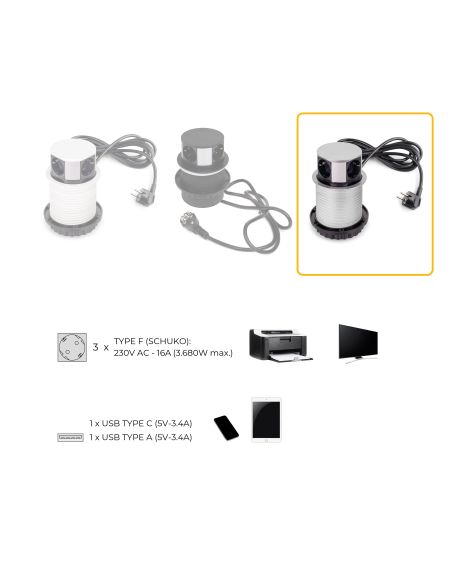 Emuca Multiconnettore Vertikal Push diametro 100mm, 3 spine di tipo Schuko, 1 USB tipo A, 1 USB tipo C, Acciaio e Tecnoplastica