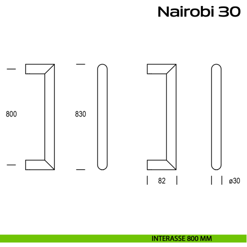 Maniglione acciaio per porta diametro 30 mm Nairobi 30 Reguitti Inox interasse 800 mm