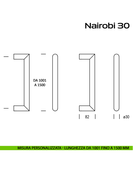 Maniglione acciaio per porta diametro 30 mm Nairobi 30 Reguitti Inox lunghezza personalizzata da 1001 mm fino a 1500 mm