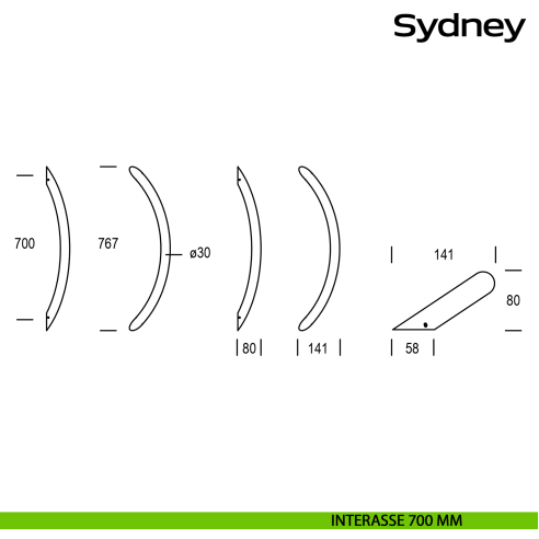 Maniglione in acciaio per porta curvo Sydney Reguitti Inox interasse 700 mm