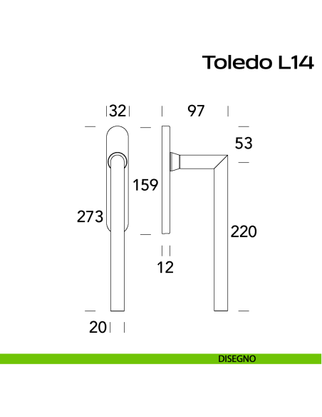 Maniglione per alzante scorrevole accoppiato con placca yale Toledo L14 Reguitti Inox disegno