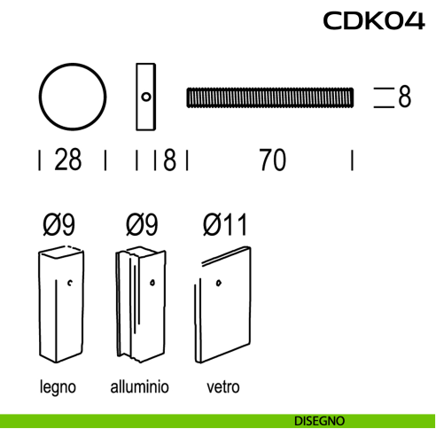 Kit fissaggio singolo passante per legno, alluminio e vetro CD K04 Reguitti Inox - disegno
