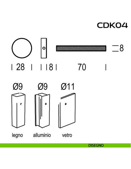 Kit fissaggio singolo passante per legno, alluminio e vetro CD K04 Reguitti Inox - disegno