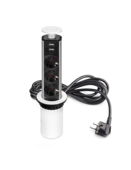 Emuca Multipresa estraibile Vertikal, 3 prese Schuko, 2 USB tipo A, Tecnoplastica e Alluminio, Verniciato bianco