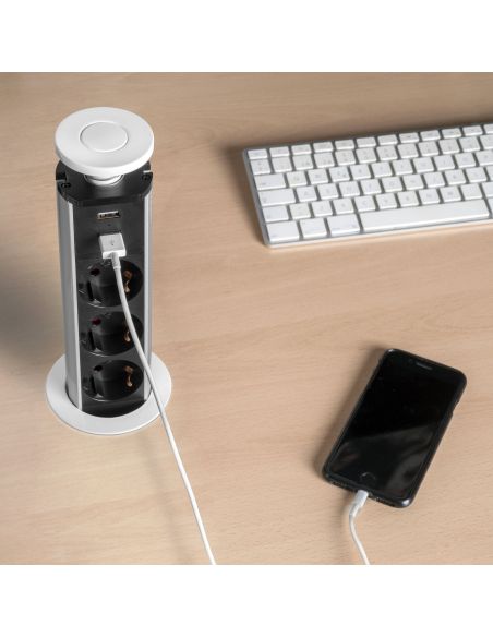 Emuca Multipresa estraibile Vertikal, 3 prese Schuko, 2 USB tipo A, Tecnoplastica e Alluminio, Verniciato bianco