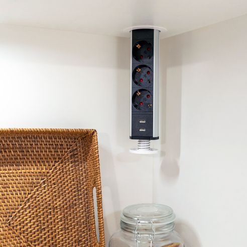 Emuca Multipresa estraibile Vertikal, 3 prese Schuko, 2 USB tipo A, Tecnoplastica e Alluminio, Verniciato bianco