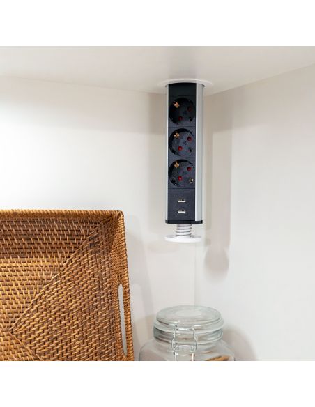 Emuca Multipresa estraibile Vertikal, 3 prese Schuko, 2 USB tipo A, Tecnoplastica e Alluminio, Verniciato bianco