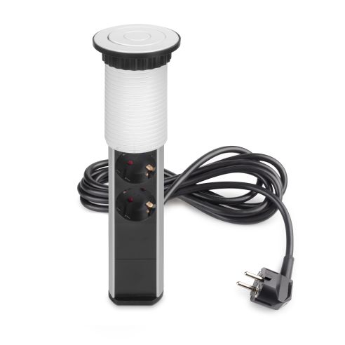 Emuca Multipresa estraibile Vertikal, 3 prese Schuko, 2 USB tipo A, Tecnoplastica e Alluminio, Verniciato bianco