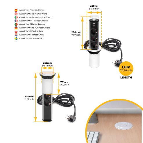 Emuca Multipresa estraibile Vertikal, 3 prese Schuko, 2 USB tipo A, Tecnoplastica e Alluminio, Verniciato bianco