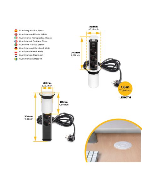 Emuca Multipresa estraibile Vertikal, 3 prese Schuko, 2 USB tipo A, Tecnoplastica e Alluminio, Verniciato bianco