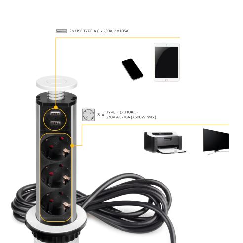 Emuca Multipresa estraibile Vertikal, 3 prese Schuko, 2 USB tipo A, Tecnoplastica e Alluminio, Verniciato bianco