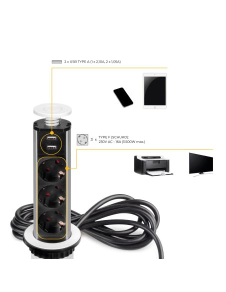 Emuca Multipresa estraibile Vertikal, 3 prese Schuko, 2 USB tipo A, Tecnoplastica e Alluminio, Verniciato bianco